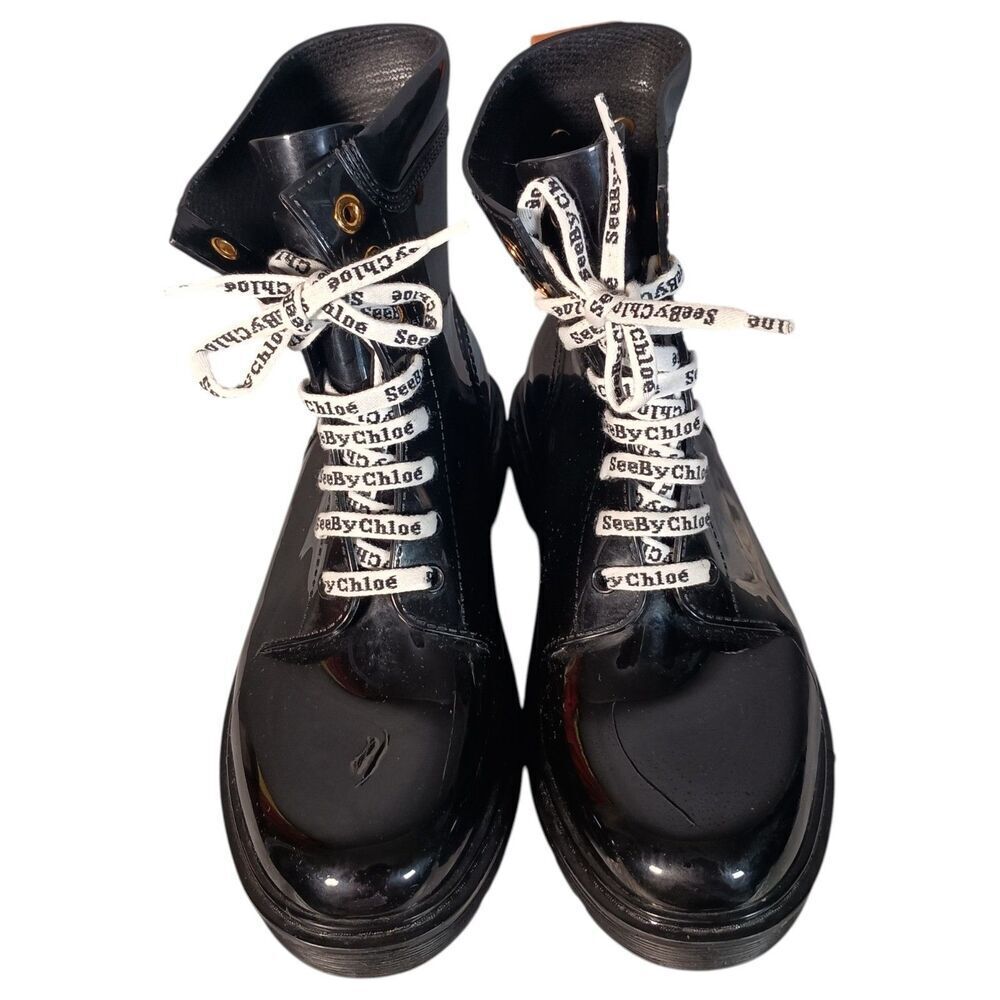 See By Chloe Combat Boots Women 40/US 10 Black Rubber Logo Lace Up - Picture 4 of 10